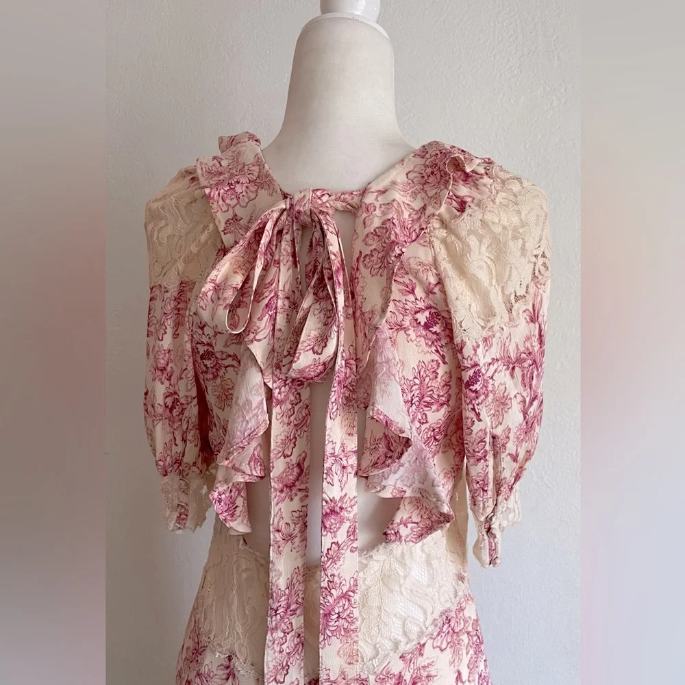 FREE PEOPLE Lucie Mini in Pink Combo Tie Back Dress w/ Lace - Picture 5 of 11